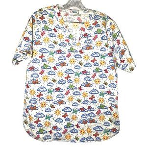 Apples for Life Womens 100% Cotton Scrub Top Size Large White Rain Sun Butterfly